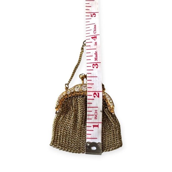 Antique Mesh Coin Purse with Rhinestone Frame – Gilt Brass Miniature Bag - Picture 8 of 8